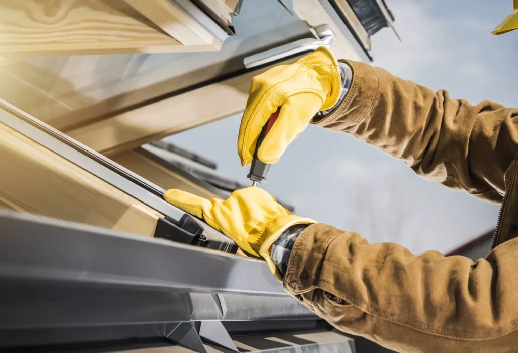 A professional roofer wearing protective gloves and a work jacket using a screwdriver to securely install and seal a skylight on a residential roof.