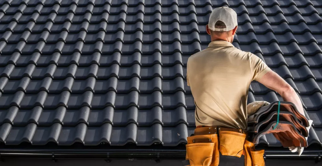 A roofing specialist carrying replacement tiles during a routine maintenance check on a dark grey tile roof in Scottsdale.